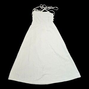 VRG GRL Butter Cream Yellow Cotton Denim Open Back Lace Up Midi Dress sz 10